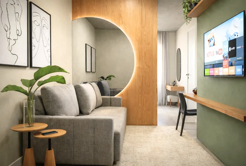 Render interno mobiliado do Studio 32 do I.Studio La Salle